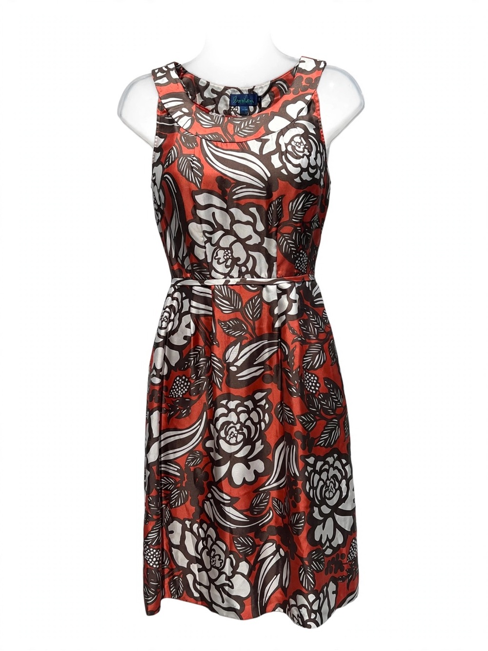 Boden 100% SILK Dress - Size 12R - Orange Brown Cream Bold Floral Fit & Flare